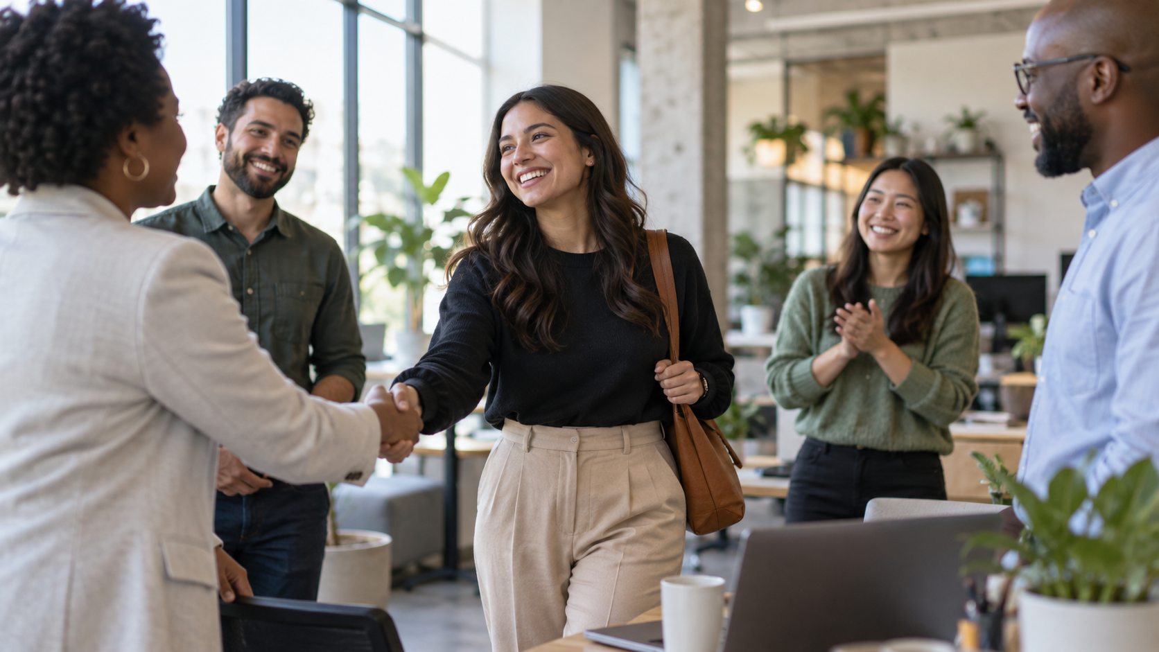 New employee being welcomed by colleagues at work