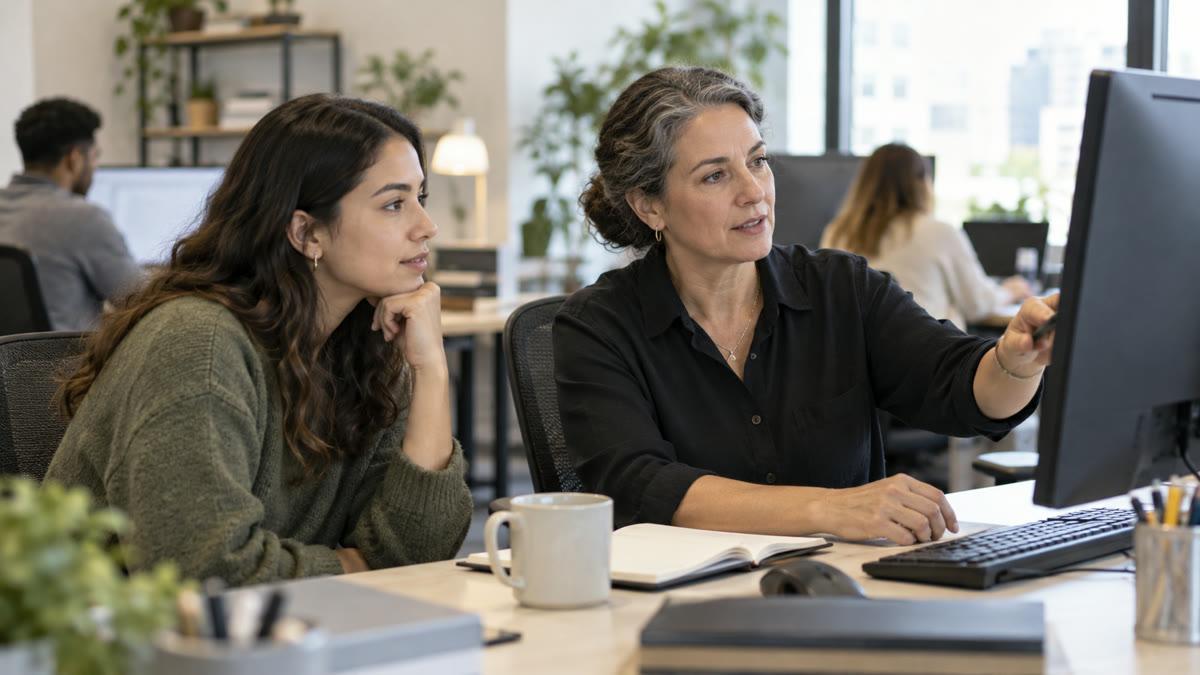 Young adult observing a professional at work during a learning visit