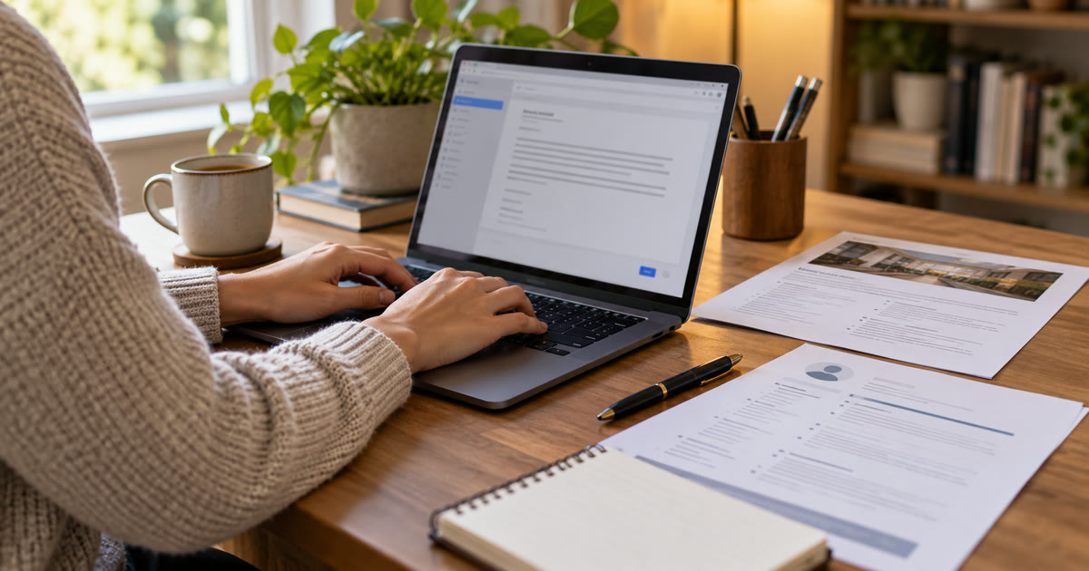Job seeker drafting a short referral request beside a role description and resume
