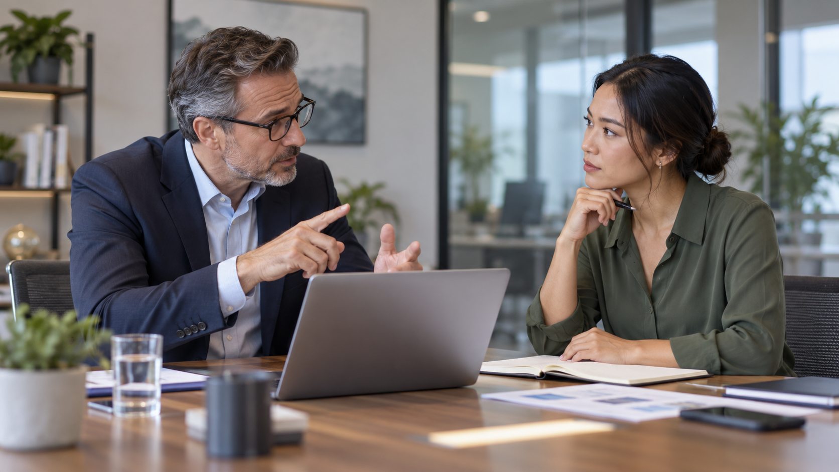 Employee and manager discussing a project plan at an office table