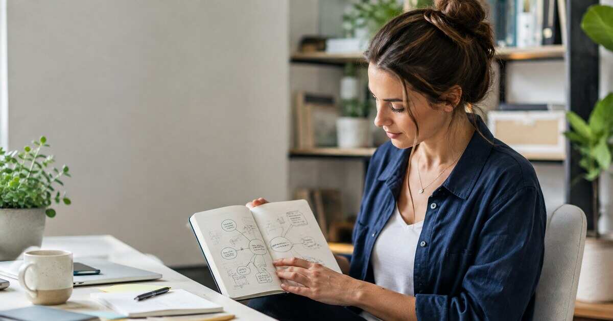 A professional reviewing notes and feedback at a desk