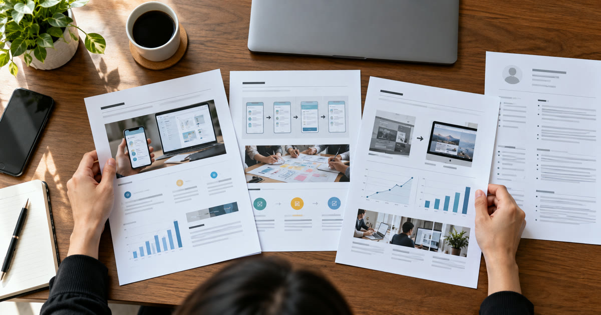 Candidate reviewing three printed case-study sheets and a resume on a desk