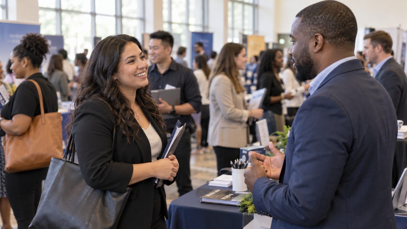 Job seeker speaking with a recruiter at a community career fair