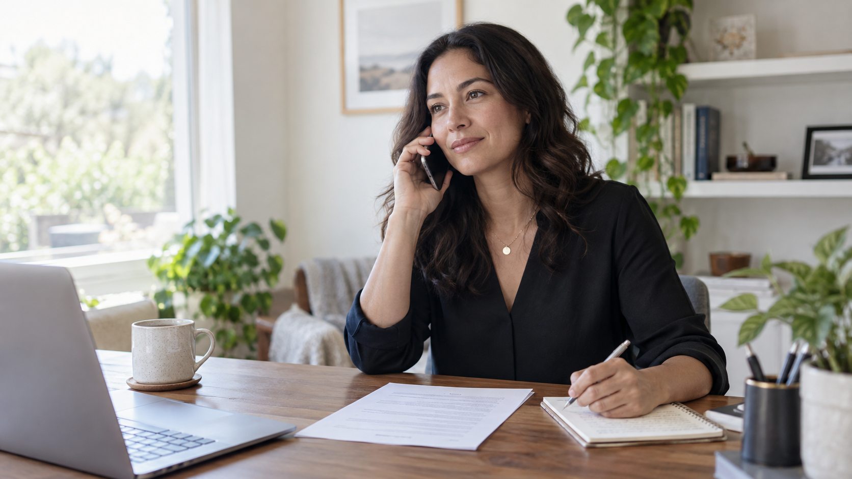 Candidate taking notes during a phone interview at a quiet desk