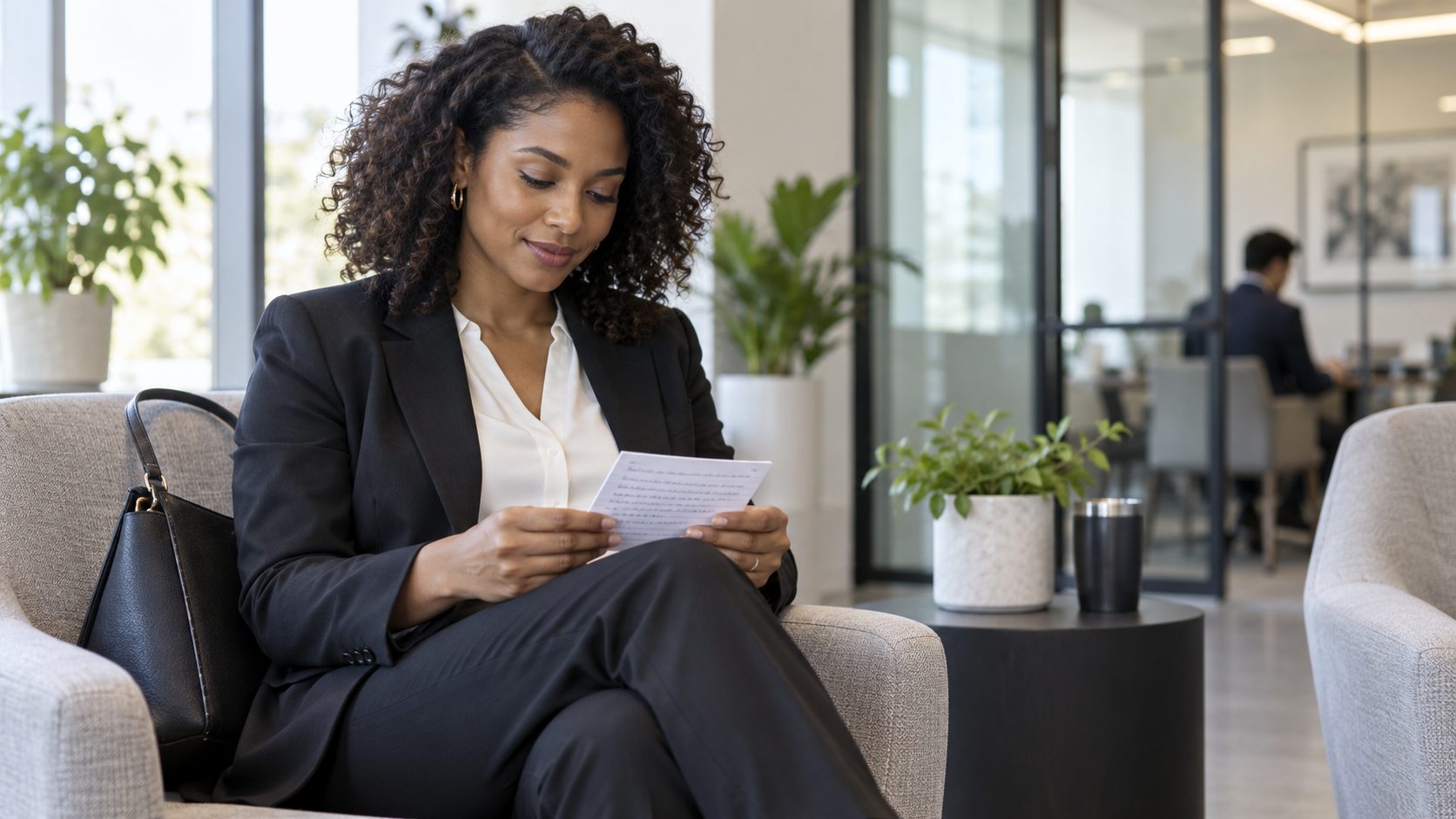 Candidate reviewing notes before a second-round job interview
