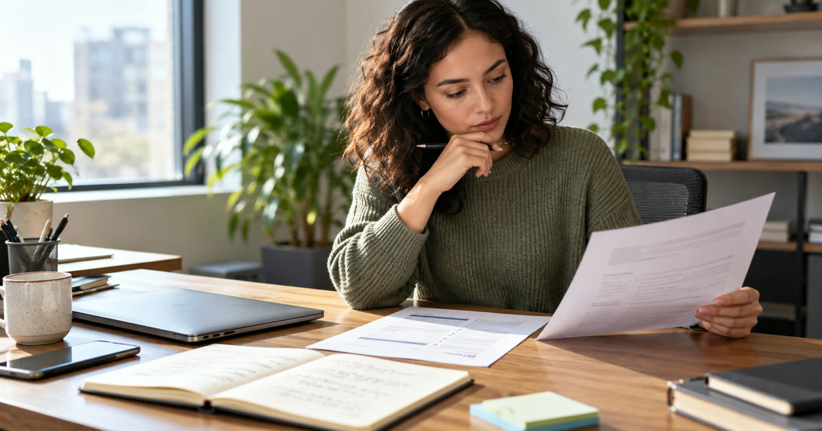 Employee reviewing a role description and a page of work examples before an internal interview