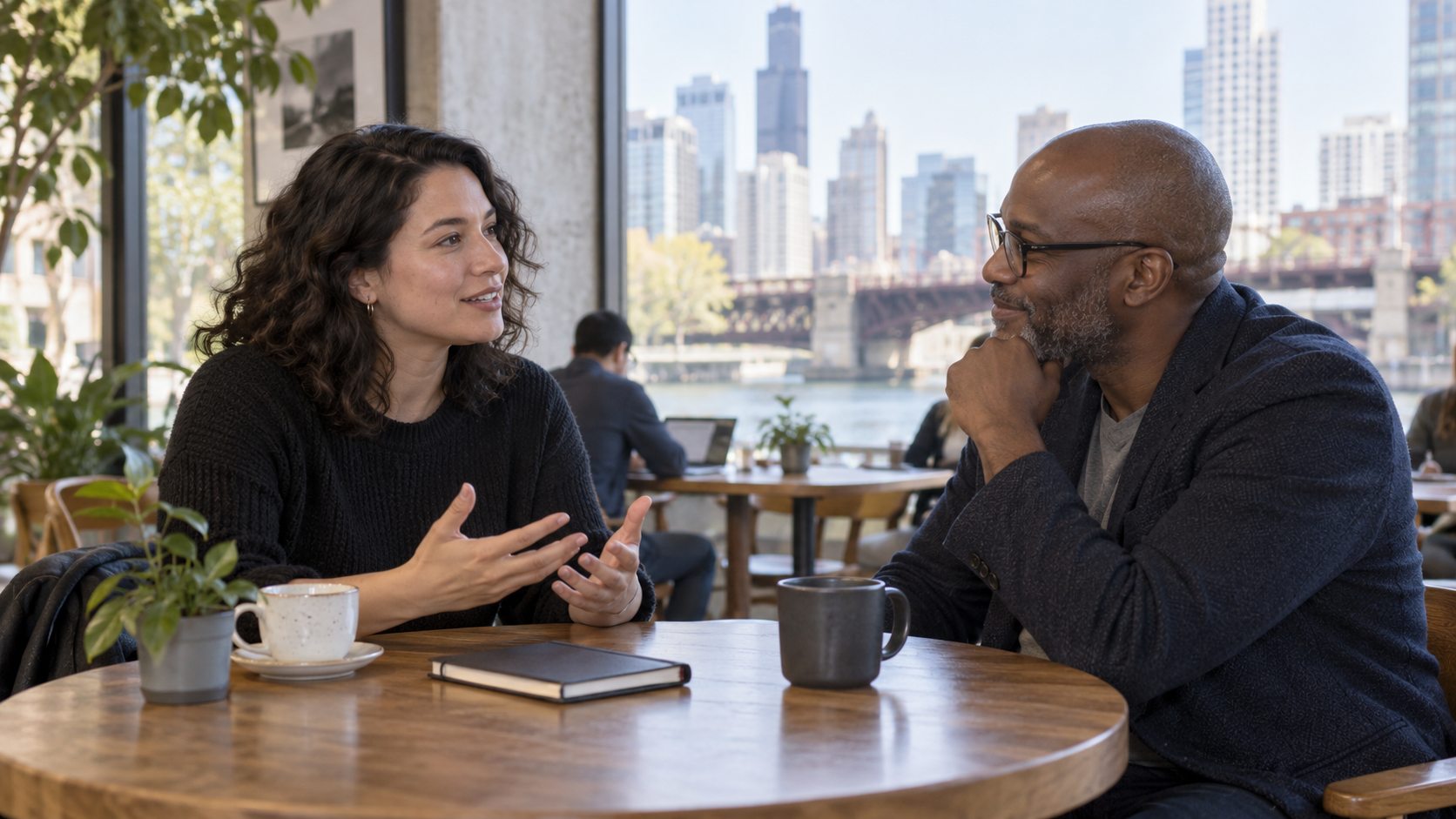 Two professionals talking about career experience at a cafe