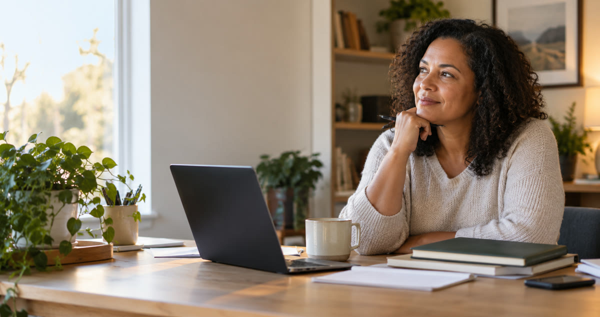Former teacher comparing possible career paths at a desk