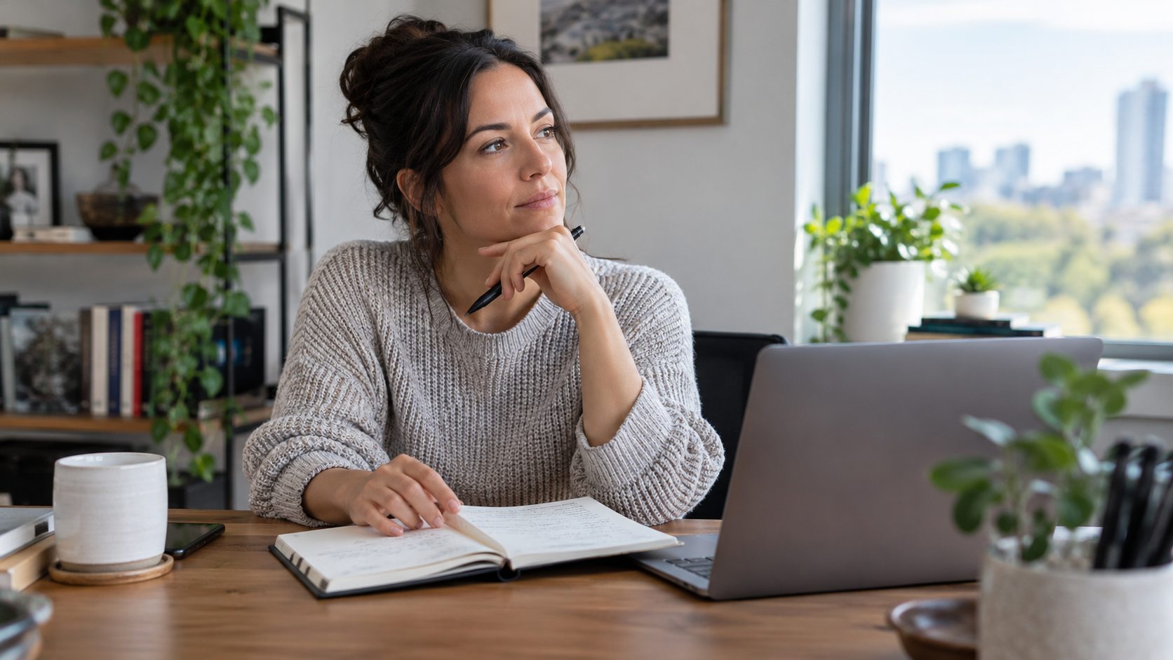 Employee reflecting on project notes before writing a self-evaluation